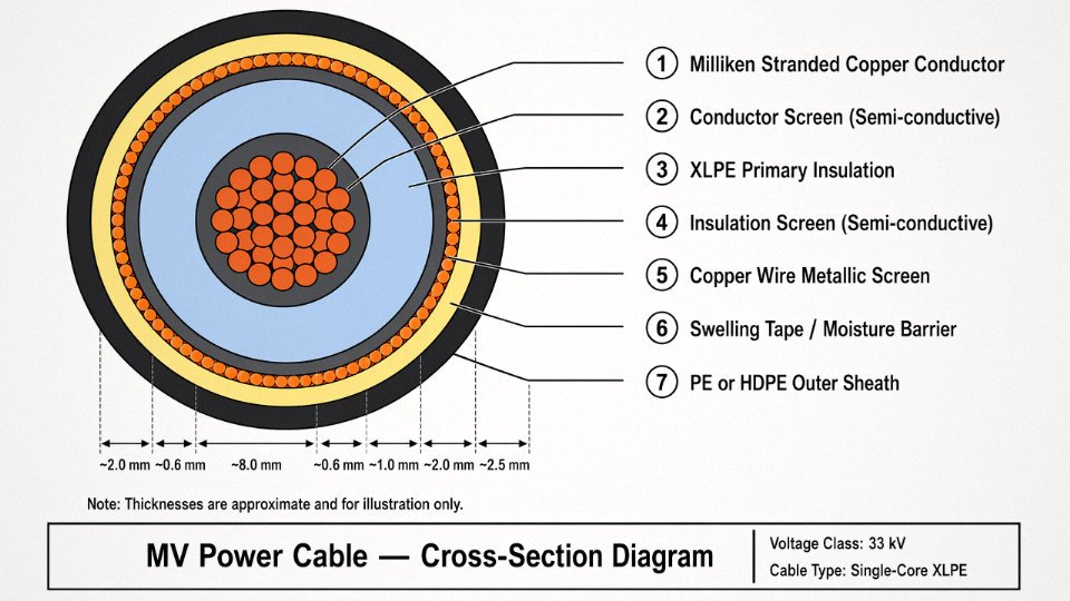 Labeled cross-section engineering diagram of a medium-voltage XLPE power cable showing all construction layers