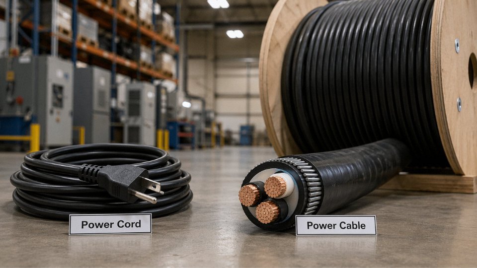 Side-by-side comparison of a consumer power cord with molded plug and an industrial armored power cable on a cable drum in a factory setting