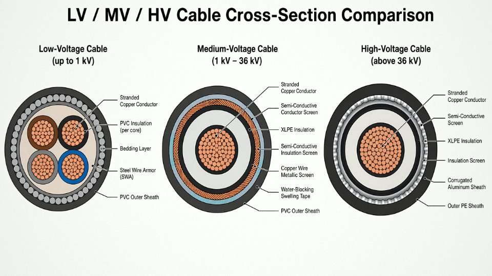 Engineering diagram comparing cross-sections of low-voltage, medium-voltage, and high-voltage power cables with labeled construction layers