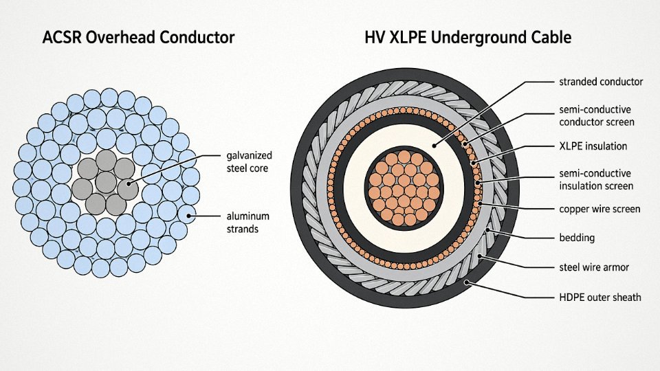 Cross-section engineering diagram comparing internal layers of a bare ACSR overhead conductor and a high-voltage XLPE armored underground cable side by side