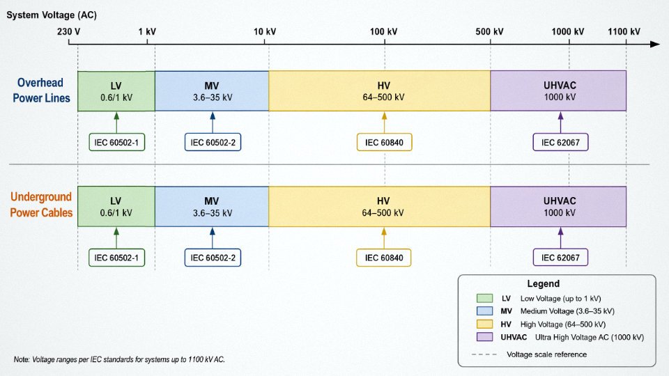 Engineering diagram comparing voltage classes of overhead power lines and underground power cables with applicable IEC standards and typical application ranges
