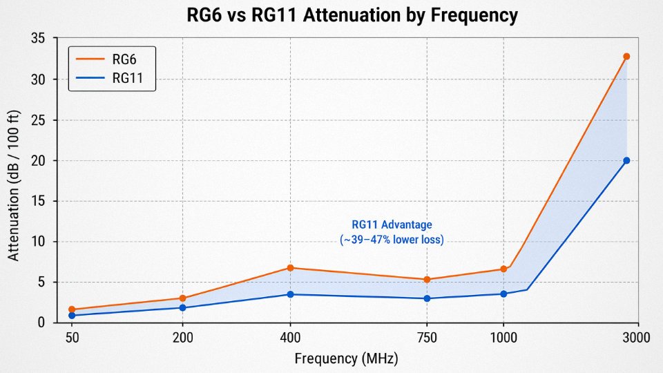 Line chart comparing attenuation in dB per 100 ft versus frequency for RG6 and RG11 coaxial cables from 50 MHz to 3000 MHz