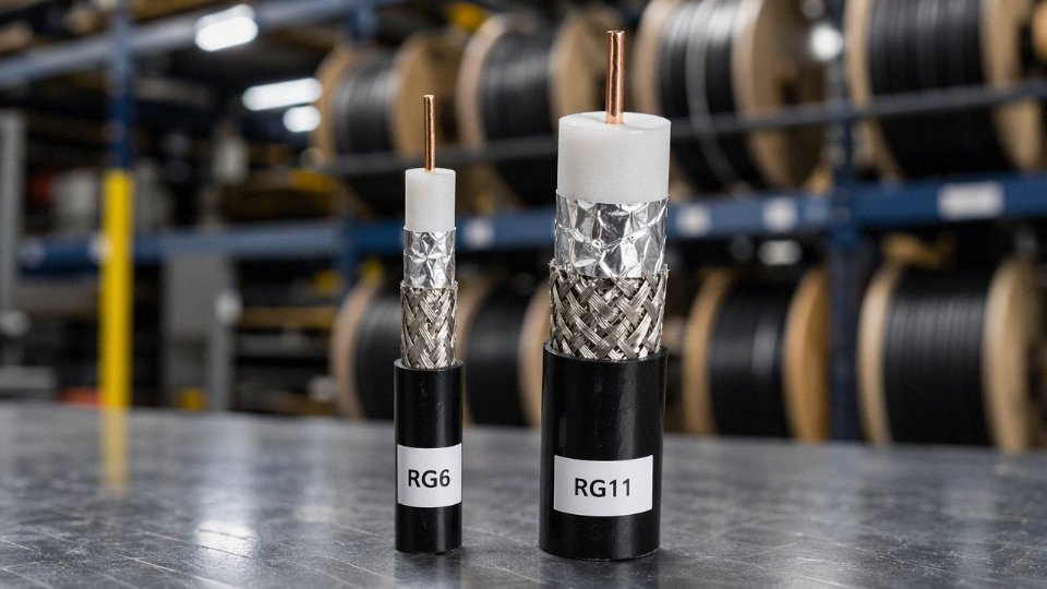 Side-by-side comparison of RG6 and RG11 coaxial cables on an industrial workbench