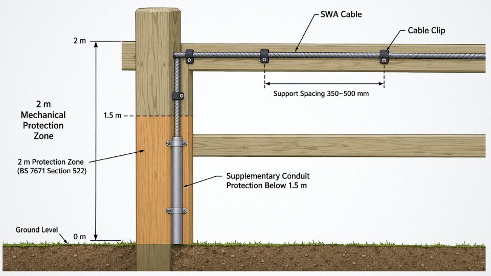 Engineering diagram showing BS 7671 cable support spacing intervals and the 2-metre ground-level mechanical protection zone on a timber fence post