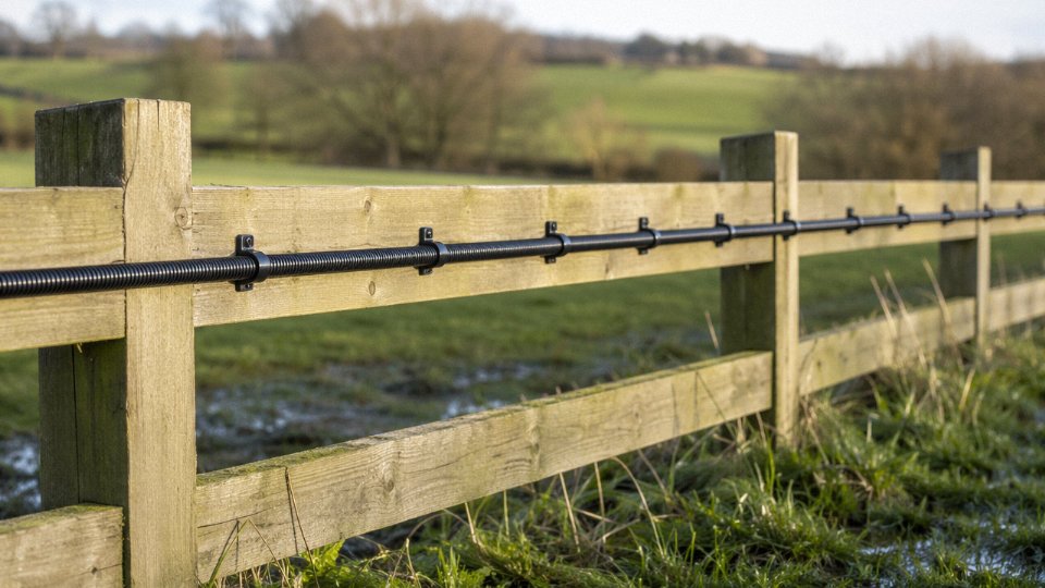 Black SWA armoured cable clipped along a timber post-and-rail fence in an outdoor garden boundary setting