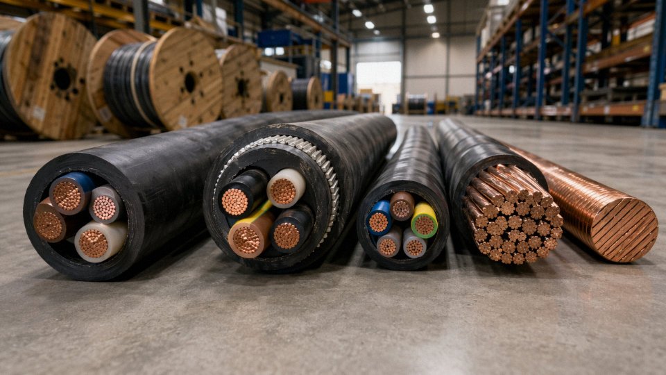 Multiple industrial power cables with different insulation colors and armor types laid out on a warehouse floor for inspection