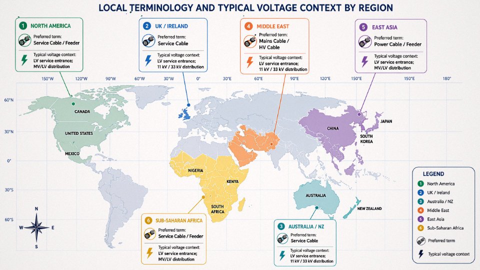 World map diagram showing regional preferred terminology for power cable synonyms with voltage context callouts