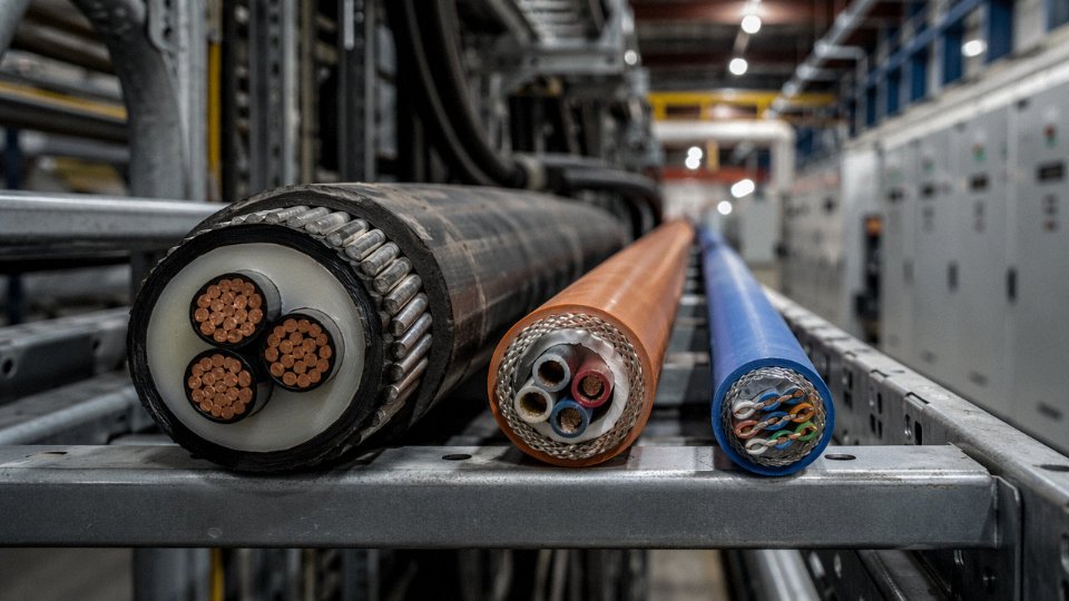 Three distinct industrial cable types — power, control, and communication — laid side by side on a cable tray in an industrial facility
