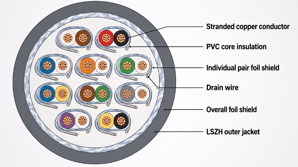 Engineering cross-section diagram of a multi-core shielded control cable showing individual conductors, pair shields, overall foil shield, drain wire, and outer jacket with English callout labels