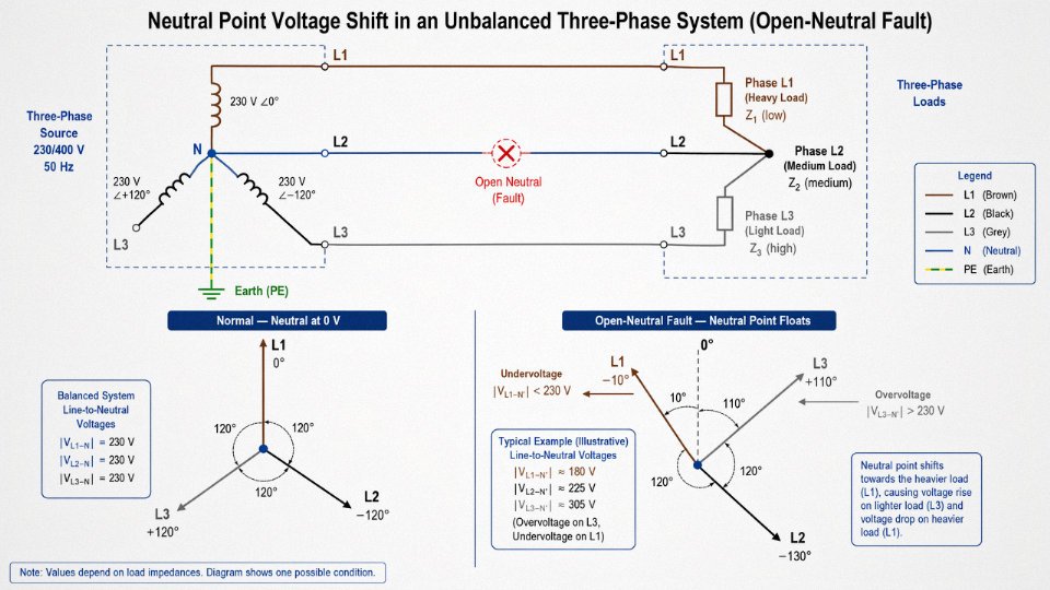 Engineering diagram showing neutral point voltage shift in an unbalanced three-phase system under open-neutral fault conditions