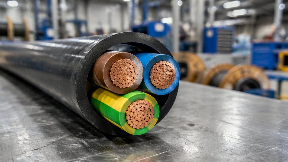 Cross-section of a three-core industrial power cable showing brown live, blue neutral, and green-yellow earth conductors