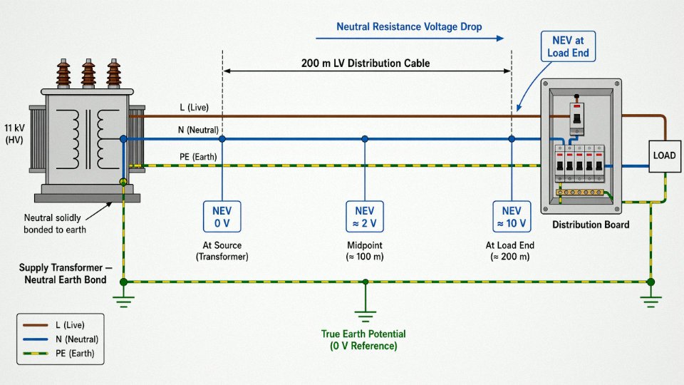 Engineering diagram showing neutral-to-earth voltage buildup along a long LV distribution cable run from transformer to remote load