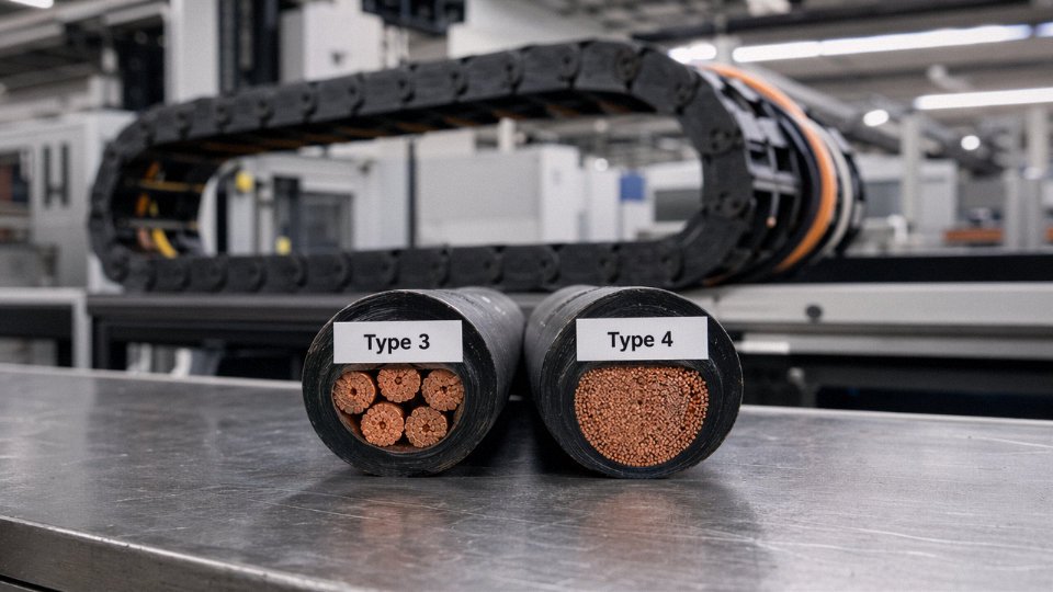 Side-by-side comparison of Type 3 and Type 4 industrial cables on a factory floor with a cable carrier drag chain in the background