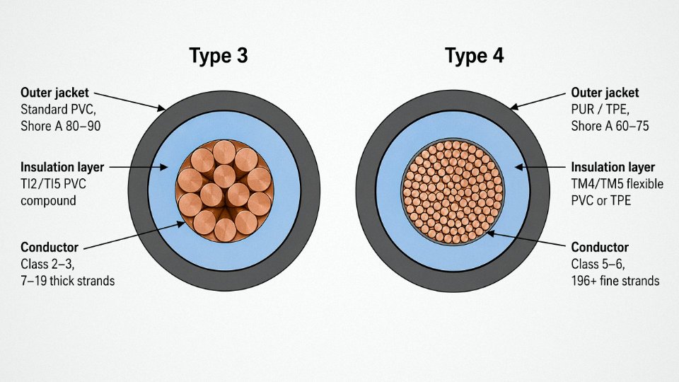 Engineering cross-section diagram comparing Type 3 and Type 4 cable insulation and jacket compound layers with labeled Shore A hardness values