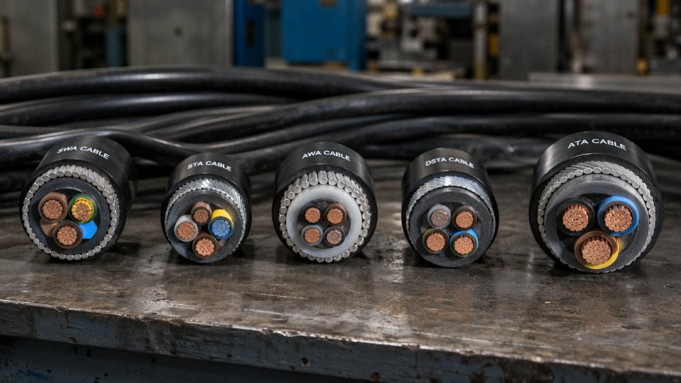 Multiple types of armored cable cut to show cross-sections, laid side by side on an industrial workbench