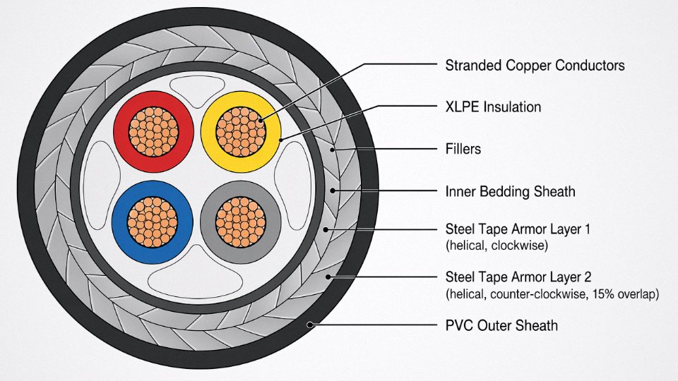 Engineering cross-section diagram of a Steel Tape Armored cable showing all layers labeled in English