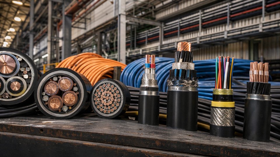 Assortment of industrial cable wire types including armored power cables, shielded instrumentation cables, and data cables arranged in an industrial setting