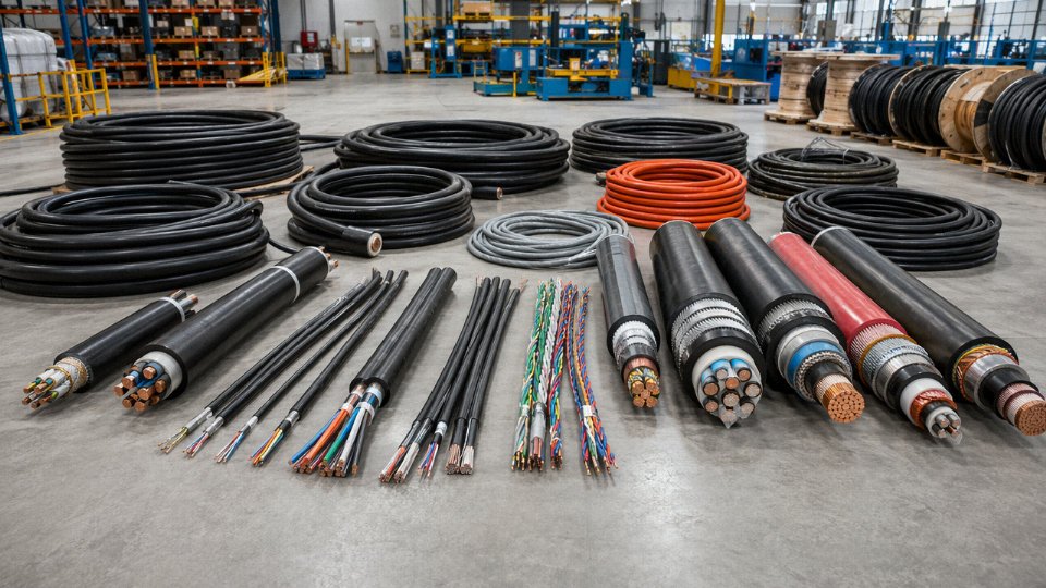 Assortment of industrial cable types including power, control, armored, and flexible cables arranged on a factory floor