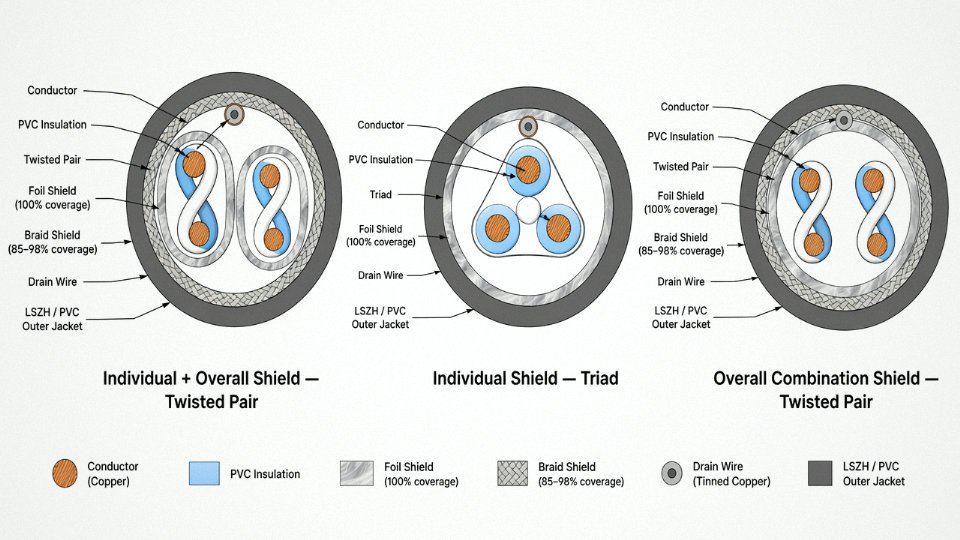 Engineering cross-section diagram comparing twisted pair and triad instrumentation cable constructions with individual, overall, and combination shielding configurations