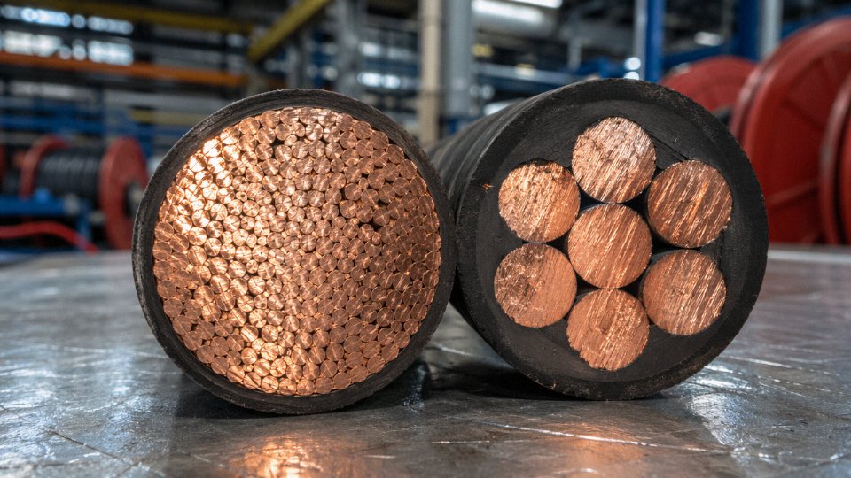Cross-section of a Class 5 flexible cable showing finely stranded copper conductors alongside a rigid Class 2 conductor for comparison, on an industrial workbench.