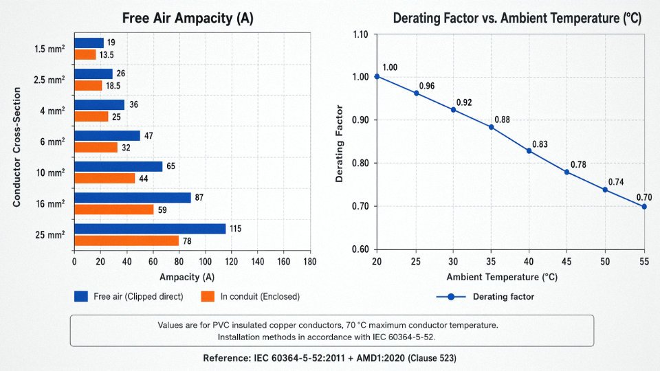Engineering diagram comparing ampacity derating curves for Class 5 flexible cables in free air versus bundled in conduit, across common cross-sections and ambient temperatures.