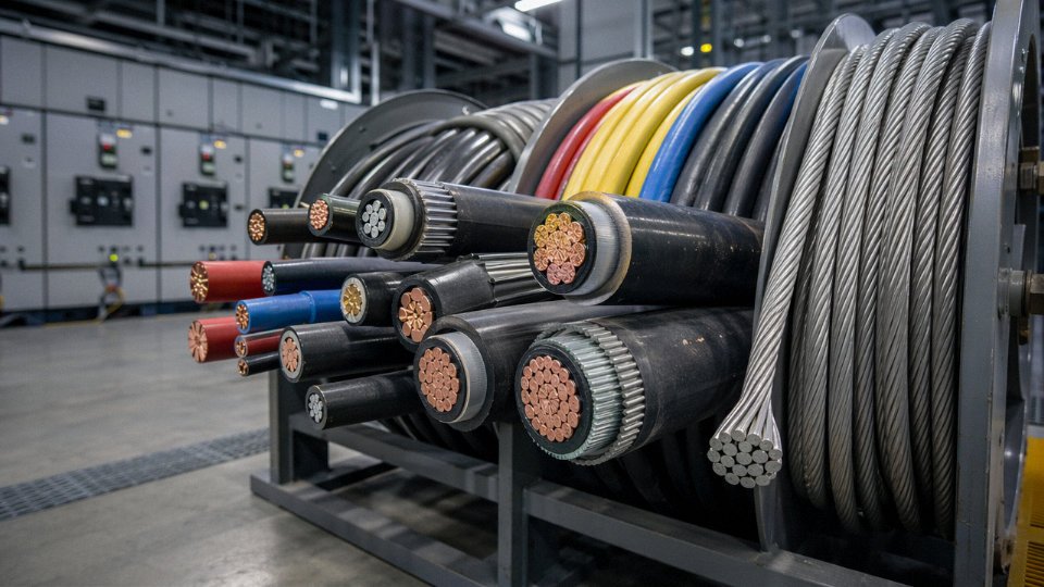 Assorted industrial power cables of different voltage classes and insulation types laid out in an electrical substation environment