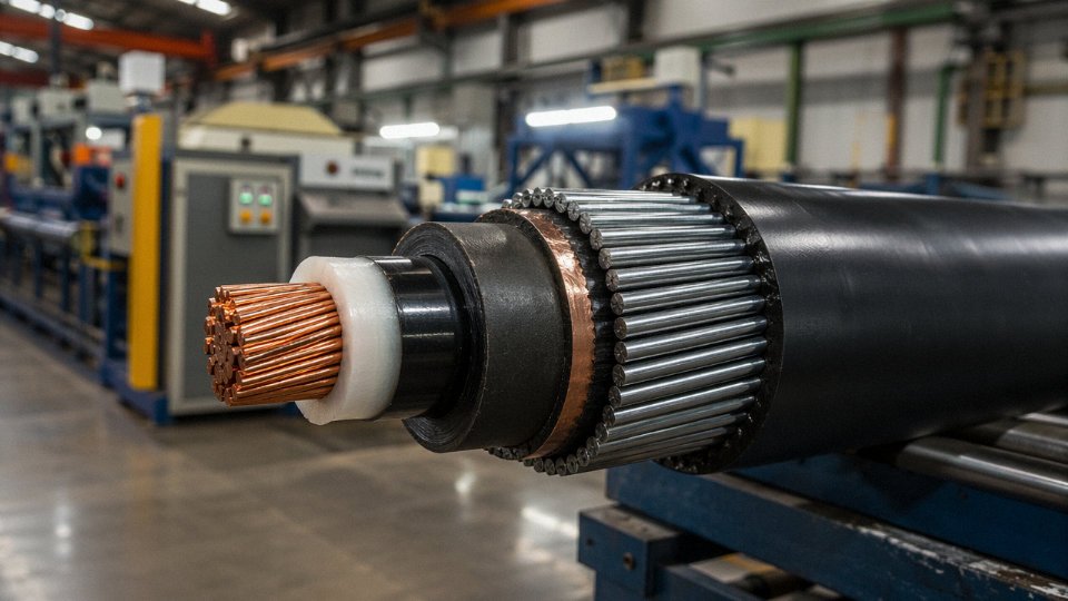 Cross-section of industrial power cable layers including conductor, XLPE insulation, bedding, steel wire armor, and outer sheath displayed on a cable manufacturing floor