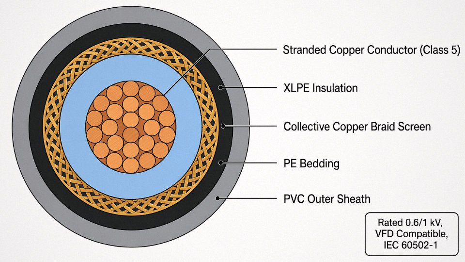 Engineering cross-section diagram of a VFD-rated motor feed cable showing conductor, XLPE insulation, copper braid screen, bedding, and outer sheath with labeled callouts