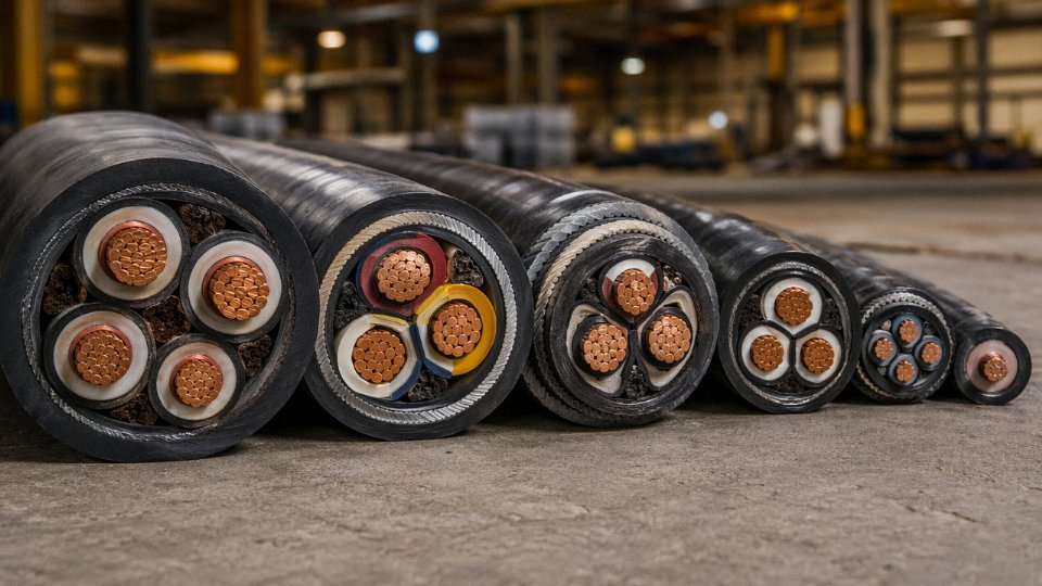 Cross-section of multiple industrial power cables showing copper conductors, XLPE insulation layers, and armoured sheathing laid out on a factory floor