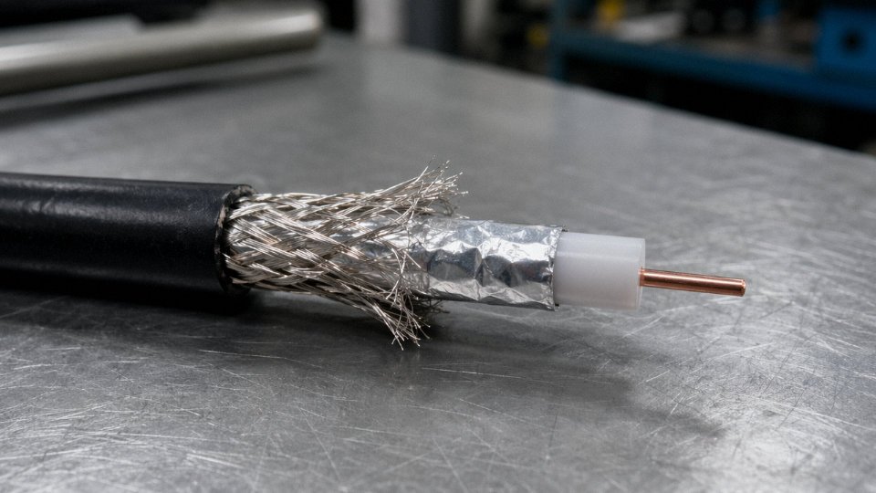 Close-up of an RG-6 coaxial cable with jacket partially stripped, revealing the braided shield, foil layer, dielectric, and center conductor