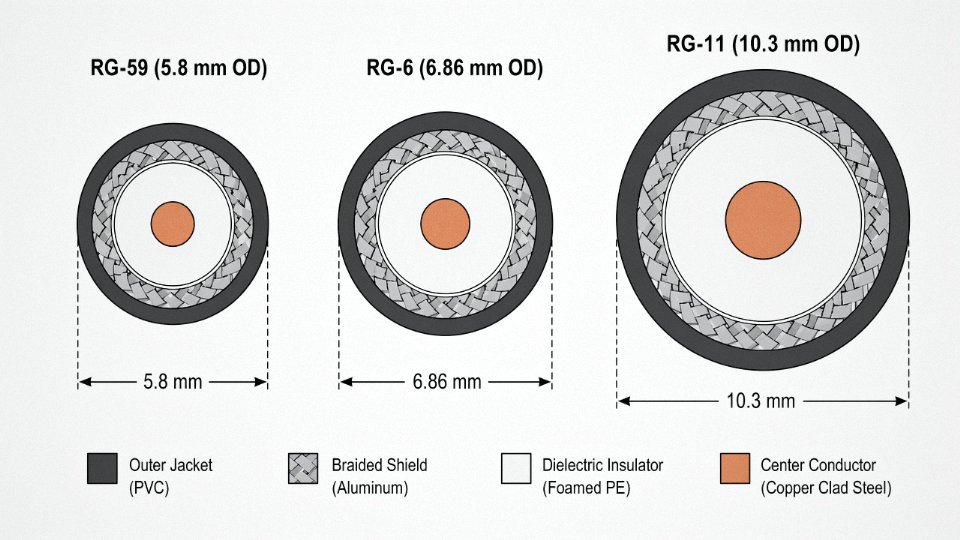 Engineering diagram comparing cross-sectional diameters of RG-59, RG-6, and RG-11 coaxial cables drawn to scale with labeled dimensions