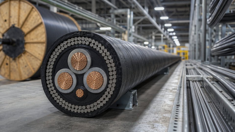Four-core 4:3 ratio armoured power cable on an industrial factory floor distribution run