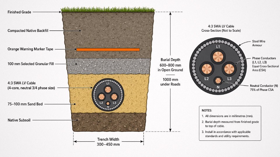 Engineering cross-section diagram of a direct-buried 4:3 armoured LV cable trench showing sand bedding, cable position, marker tape, and backfill layers with depth dimensions