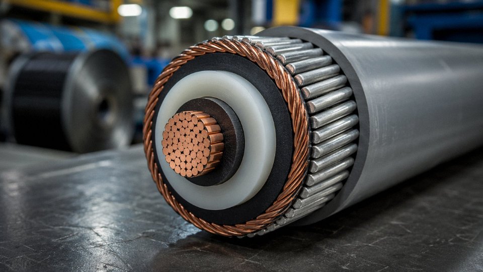 Cross-sectional cutaway of a multi-layer industrial power cable showing conductor, insulation, screen, armour, and outer sheath layers