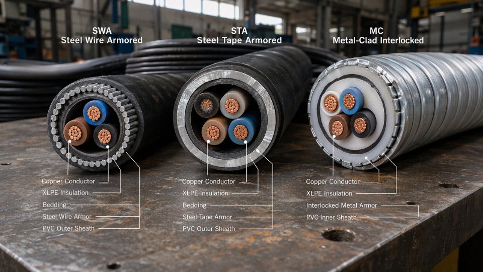 Cross-section of armored cable types including SWA, STA, and MC cable laid out on an industrial workbench