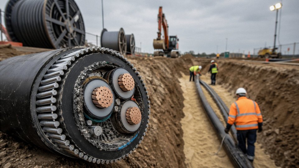 Cross-section of a steel wire armored cable alongside an open trench installation on an industrial site