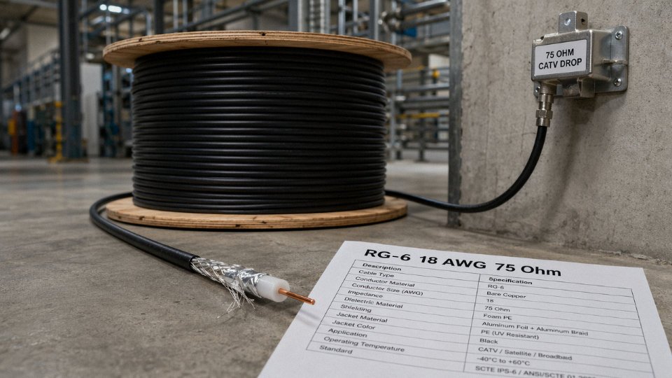 RG-6 coaxial cable on an industrial reel at a cable TV distribution facility