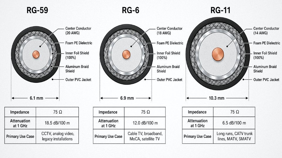 Engineering cross-section comparison diagram of RG-59, RG-6, and RG-11 coaxial cables showing conductor gauge and layer differences