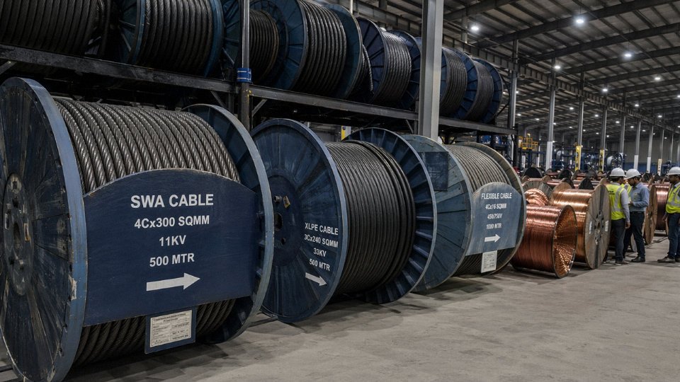 Assortment of industrial cable wire types coiled and arranged in an industrial warehouse setting