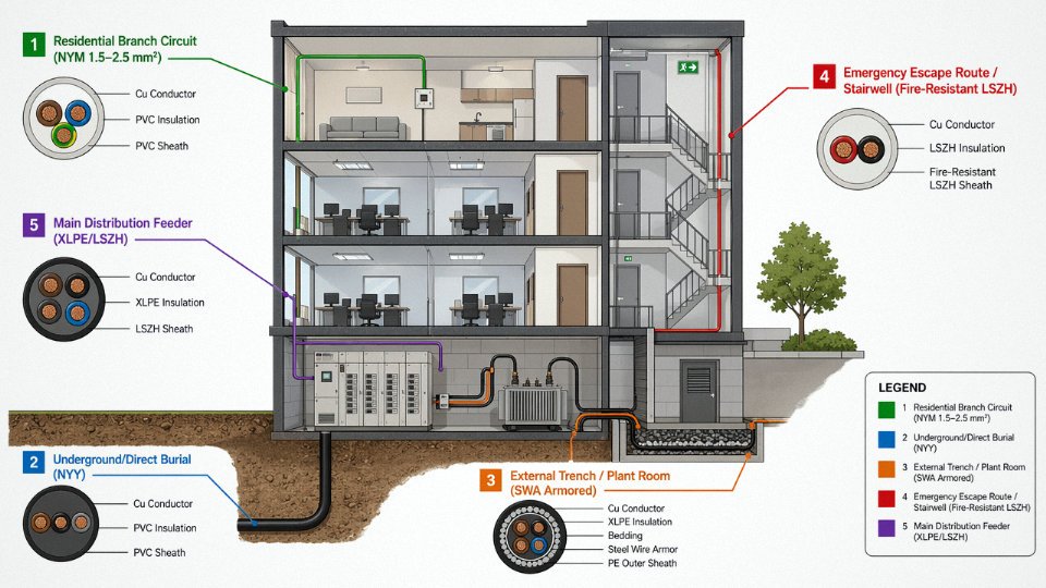 Flat vector diagram mapping cable wire types to building zones across a cross-section of a multi-story commercial building