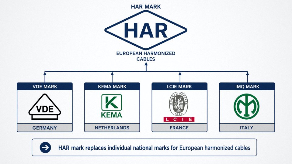 Flat vector comparison diagram showing the HAR harmonization mark alongside European national cable certification marks including VDE, KEMA, LCIE, and IMQ with labeled country associations