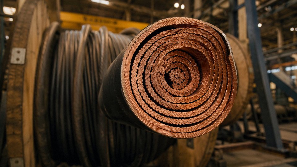 Close-up of a Class 4 stranded copper cable conductor with visible fine wire strands, coiled on an industrial reel in a manufacturing facility