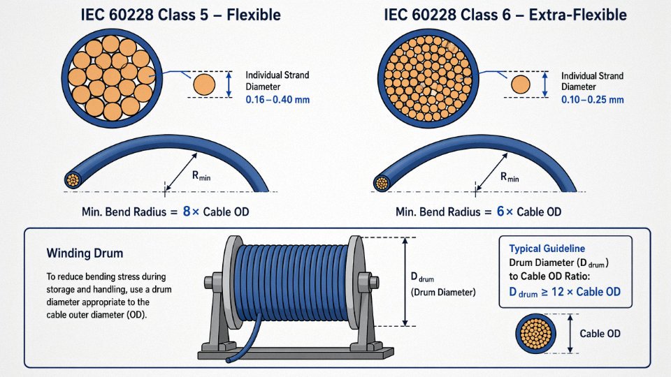 Engineering diagram comparing IEC 60228 Class 5 and Class 6 conductor strand structures and minimum bend radius calculations