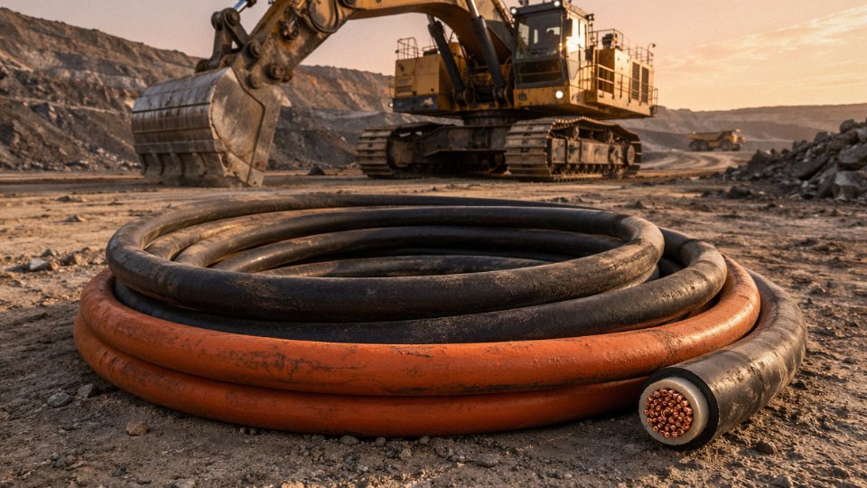 Heavy-duty portable power cable coiled on a mining site floor next to mobile equipment