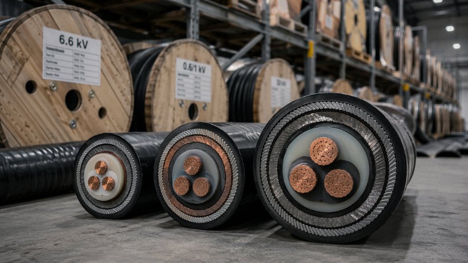 Assorted industrial power cables with visible cross-sections showing voltage ratings and conductor types in a cable warehouse