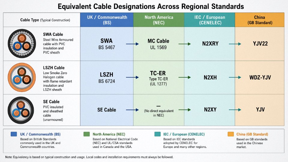 Flat vector comparison diagram mapping equivalent power cable designations across UK, US, European, and Chinese standards