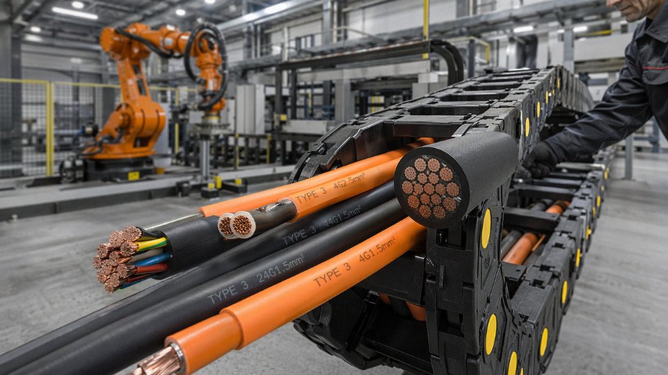 Type 3 flexible multi-conductor cable coiled on an industrial factory floor near a robotic arm