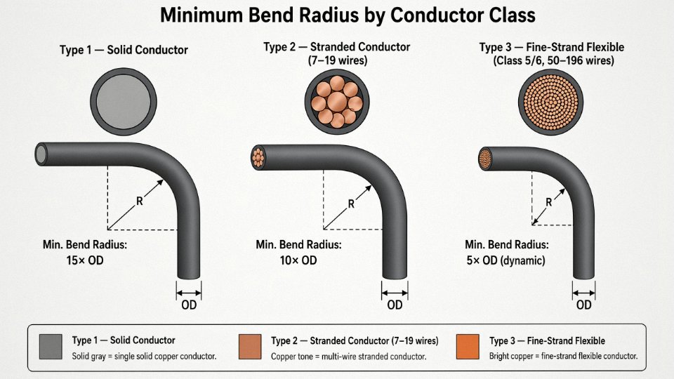 Engineering diagram comparing minimum bend radii of Type 1 solid, Type 2 stranded, and Type 3 fine-strand flexible cables