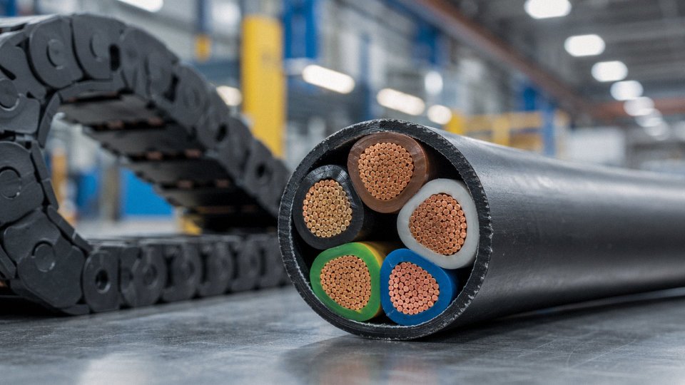 Close-up of a Type 5 flexible cable cross-section showing fine stranded copper conductors alongside an industrial cable track installation