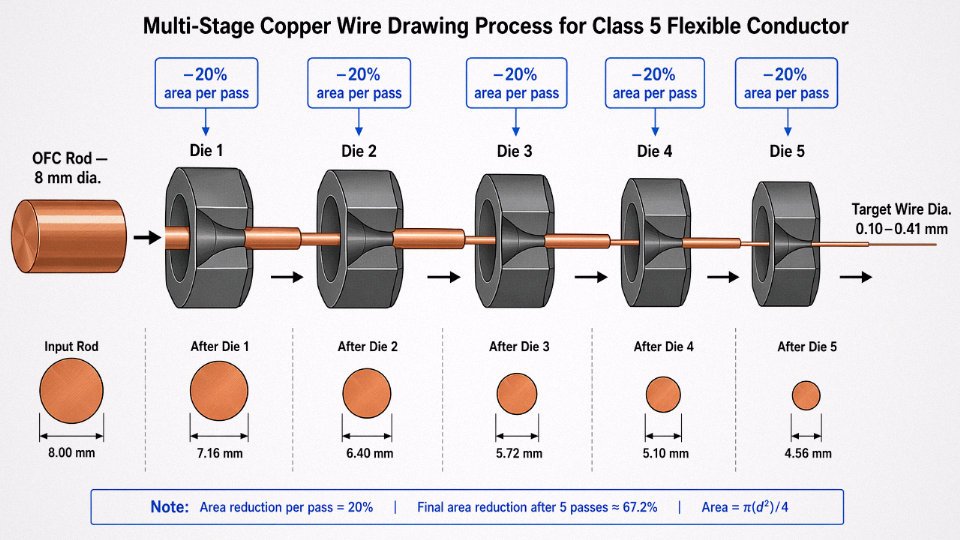 Engineering diagram showing multi-stage tungsten carbide die reduction process for copper wire drawing from 8 mm rod down to fine wire for Class 5 conductors